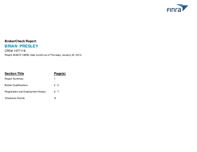 FINRA BrokerCheck Report for Brian Presley